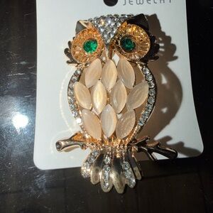 Owl Brooch with Gold and Green Accents